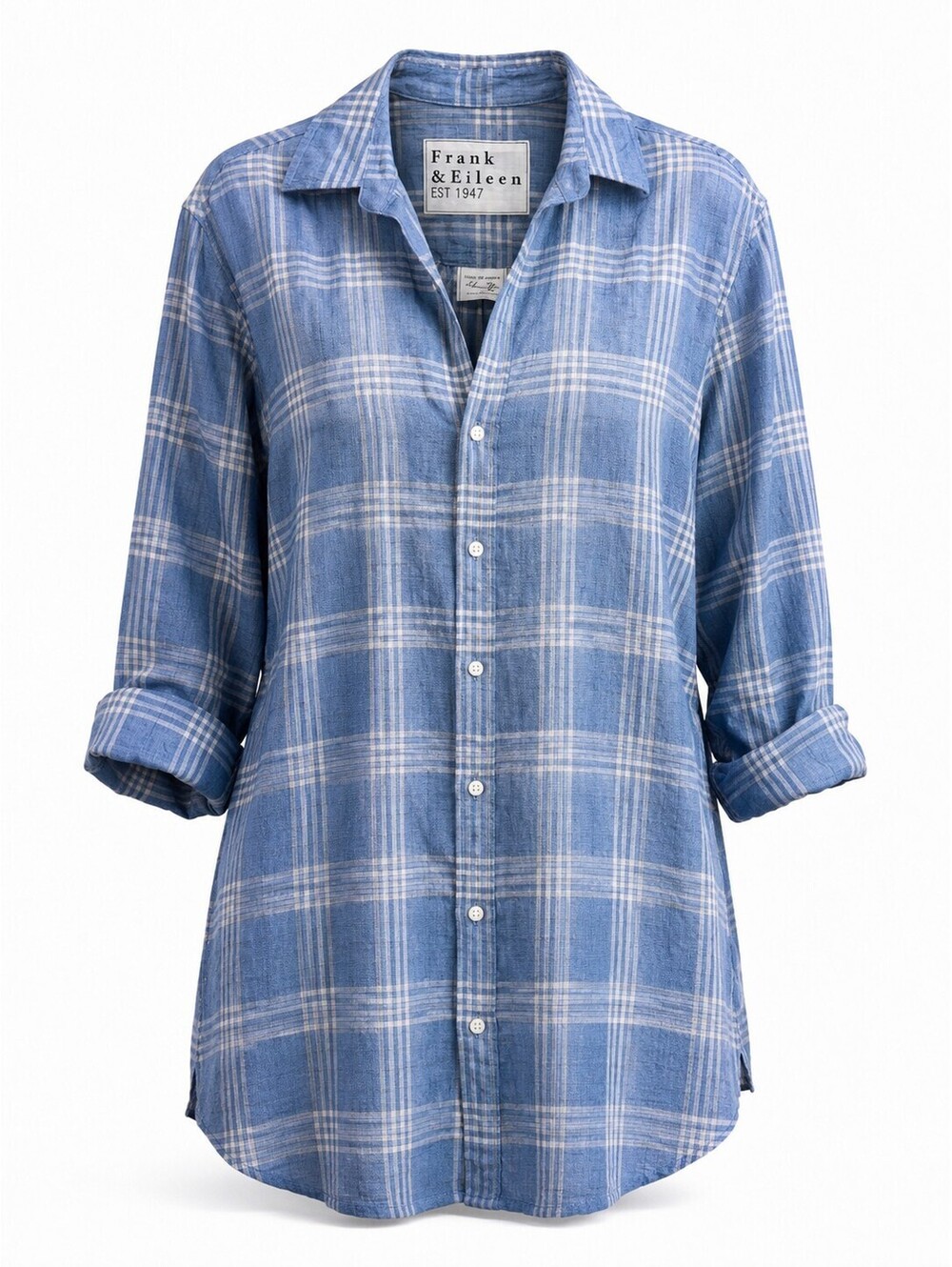 Frank & Eileen Hunter Shirtdress Size L Blue Plaid Linen Cotton Woven Italy